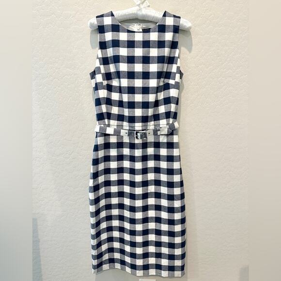 J. Crew Dresses & Skirts - J.CREW | Navy Blue Gingham Checkered Sleeveless Straight Belted Midi Dress | 2T